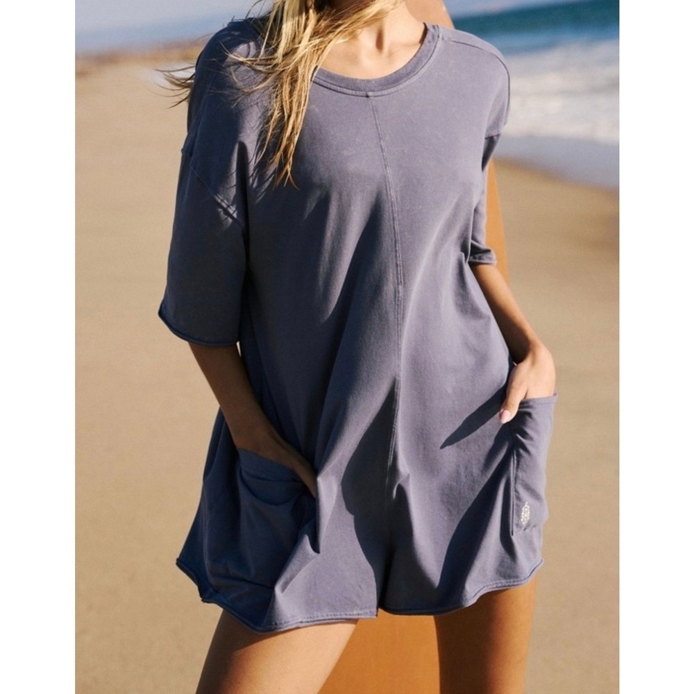 Free People Movement Hot Shot Romper Oversized XS Navy Blue Short Sleeve V-Back